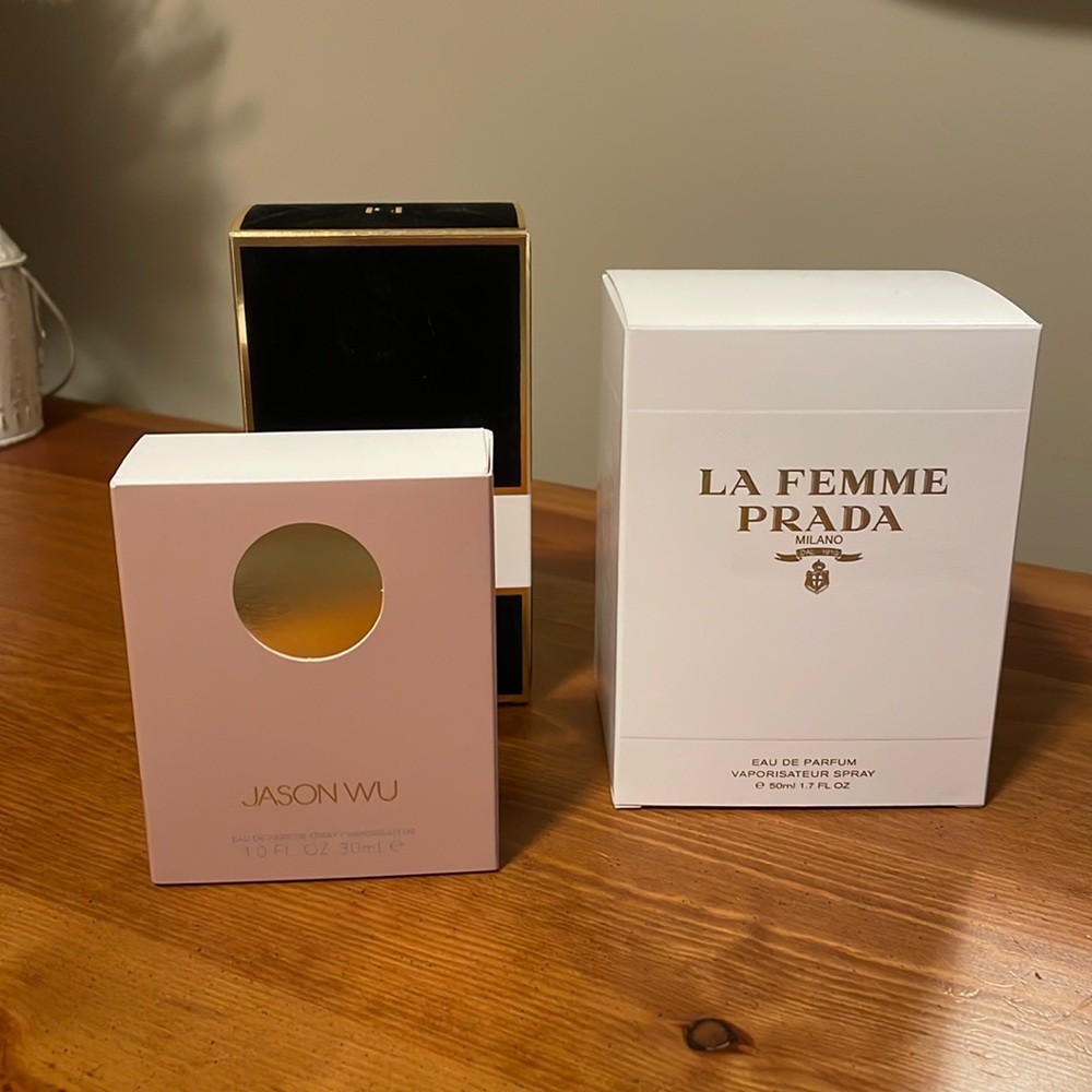 Trio of Perfume Boxes (Empty) - Prada, Caroline Herrera, Jason Hu